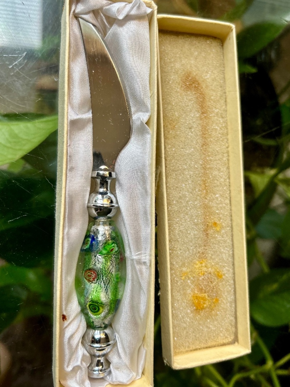 Vintage Murano Style Millefiori Art Glass Cheese Knife with Original Box 💚✨